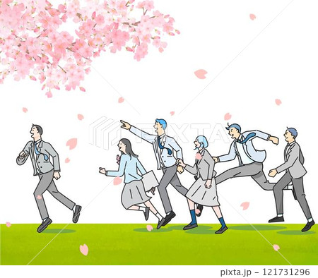 桜の木と土手沿いを走る学生男女ー横顔ー全身ー卒業入学ー人物シンプルベクターイラスト白バック背景素材 121731296