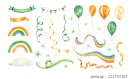 Cute traditional attributes for St. Patrick Day watercolor illustration clip. Rainbow, balloons, ribbons, banners and garland in Irish national flag colors. Additional elements for holiday decoration 121731307