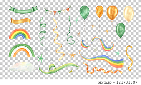 Cute traditional attributes for St. Patrick Day watercolor illustration clip. Rainbow, balloons, ribbons, banners and garland in Irish national flag colors. Additional elements for holiday decoration 121731307