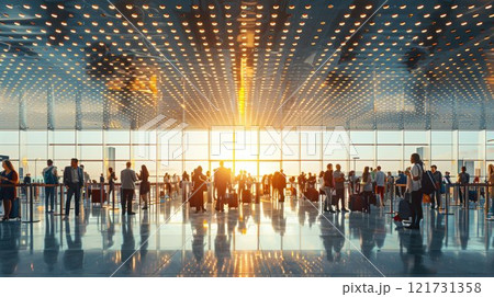A Busy Airport Terminal at Sunset filled with Passengers handling their Luggage and Baggage A Busy Airport Terminal at Sunset filled with Passengers handling their Luggage and Baggage 121731358
