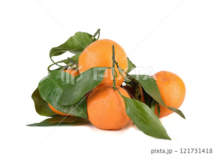A bunch of fresh tangerines with green leaves on a white background. A bunch of fresh tangerines with green leaves on a white background. 121731418