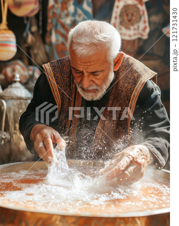 Elderly man performing a traditional ritual with water Elderly man performing a traditional ritual with water 121731430