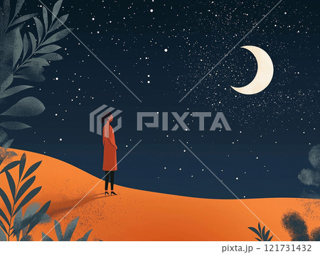 A woman standing on a sand dune under a crescent moon and a starry sky A woman standing on a sand dune under a crescent moon and a starry sky 121731432