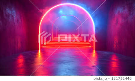 Retro neon podium with glowing steps and arched entrance, showcasing vibrant pink and blue lighting in a futuristic setting Retro neon podium with glowing steps and arched entrance, showcasing vibrant pink and blue lighting in a futuristic setting 121731446