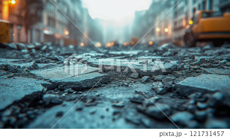 Cracked and broken concrete in an urban setting, highlighting construction or earthquake aftermath Cracked and broken concrete in an urban setting, highlighting construction or earthquake aftermath 121731457