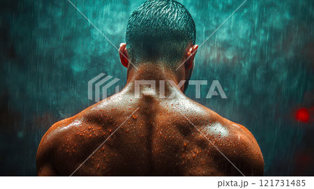 Powerful image of a muscular male athlete standing in the rain, showcasing strength, resilience, and determination 121731485