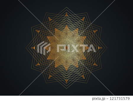 Gold Luxury Sacred Mandala template. Flower round design element isolated on black background. Circle pattern in golden color. Vector illustration for logo, monogram, web design, decoration, business Gold Luxury Sacred Mandala template. Flower round design element isolated on black background. Circle pattern in golden color. Vector illustration for logo, monogram, web design, decoration, business 121731579