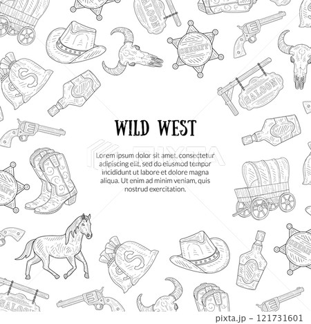 Wild West Banner Template with Place for Text, Western, Cowboy Hand Drawn Symbols Pattern Monochrome Vector Illustration Wild West Banner Template with Place for Text, Western, Cowboy Hand Drawn Symbols Pattern Monochrome Vector Illustration 121731601