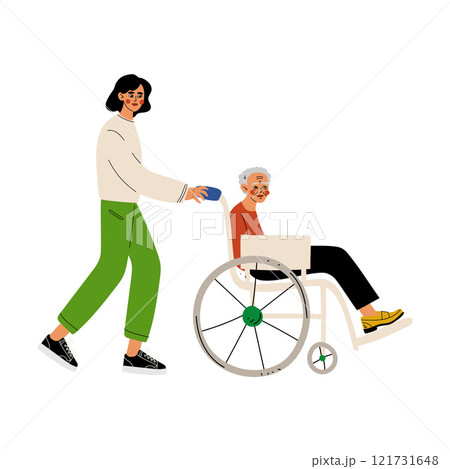 Disabled Elderly Woman in Wheelchair, Male Volunteer Helping Her, Social Worker, Volunteering, Charity and Supporting People Vector Illustration 121731648