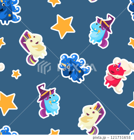 Funny Cartoon Magic Unicorns Seamless Pattern, Funny Flash Drive Cartoon Character, Cute Fantasy Animals on Blue Bacground, Design Element Can Be Used for Fabric, Wallpaper, Packaging Vector 121731658
