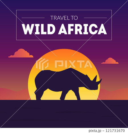 Wild Africa Banner Template, Beautiful African Landscape with Rhino Silhouette at Sunset Vector Illustration 121731670
