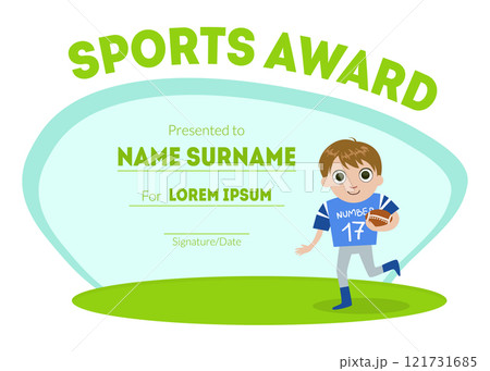 Sports Award Diploma Template, Kids Certificate with Boy Rugby Player for Competition or Sports Winner Vector Illustration 121731685