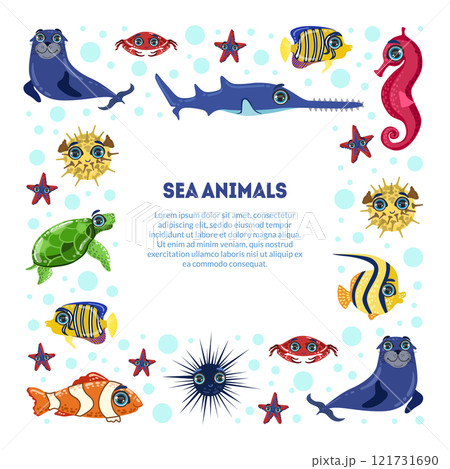 Sea Animals Banner Template with Place for Text, Cute Underwater Marine Creatures Vector Illustration 121731690