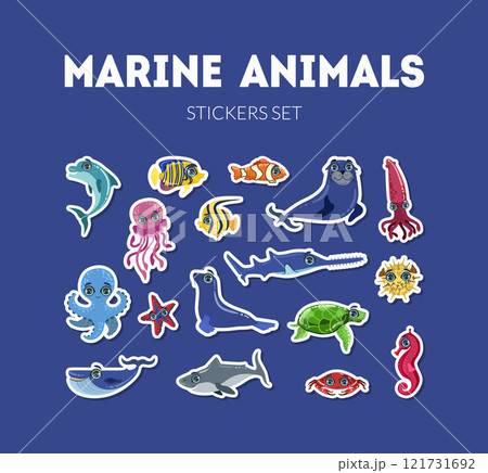 Marine Animals Stickers Set, Cute Underwater Sea Creatures Vector Illustration 121731692