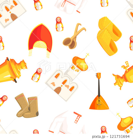 Russian Seamless Pattern with Traditional Symbols, Design Element Can Be Used for Wallpaper, Packaging, Background Vector Illustration 121731694