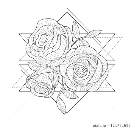 Rose Flowers in Triangle Geometrical Shapes Hand Drawn Monochrome Vector Illustration 121731695