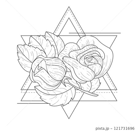Rose Flowers in Triangle Geometrical Frames Hand Drawn Monochrome Vector Illustration 121731696