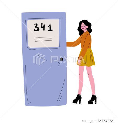 Young Brunette Woman in Casual Clothes Opening the Door and Coming In Vector Illustration 121731721