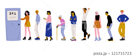 People Dressed in Casual Clothes Standing in Line or Queue near Door Vector Illustration 121731723