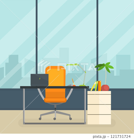 Business Workplace, Modern Interior of Empty Office Room with Table and Window Vector Illustration 121731724