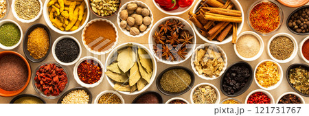 Collection of assorted spices and herbs spread on a beige background, blending exotic aromas and colors to inspire flavorful cooking, banner Collection of assorted spices and herbs spread on a beige background, blending exotic aromas and colors to inspire flavorful cooking, banner 121731767