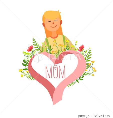 Mothers Day Card Template, Happy Beautiful Mother and Floral Frame in Shape of Heart Vector Illustration 121731879