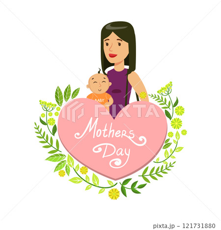 Mothers Day Card Template, Beautiful Mother with Her Baby, Floral Frame and Place for Text Vector Illustration Mothers Day Card Template, Beautiful Mother with Her Baby, Floral Frame and Place for Text Vector Illustration 121731880