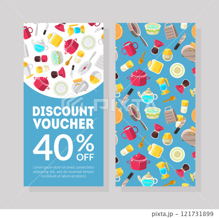 Discount Voucher Template, Certificate or Coupon with Market Special Offer, 40 Percent Off on All Kitchen Utensils Vector Illustration 121731899