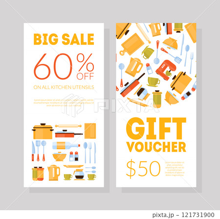 Gift Voucher Template, Certificate or Coupon with Market Special Offer, Big Sale 60 Percent Off on All Kitchen Utensils Vector Illustration 121731900