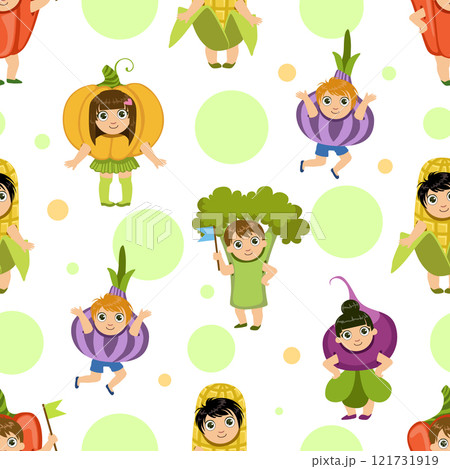 Cute Kids in Vegetables Costumes Seamless Pattern, Adorable Children Dressed Like Vegetable, Design Element Can Be Used for Wallpaper, Packaging, Background Vector Illustration Cute Kids in Vegetables Costumes Seamless Pattern, Adorable Children Dressed Like Vegetable, Design Element Can Be Used for Wallpaper, Packaging, Background Vector Illustration 121731919