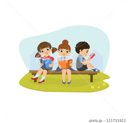 Cute Little Girls and Boy Sitting on Bench in Park and Reading Books Vector Illustration 121731922