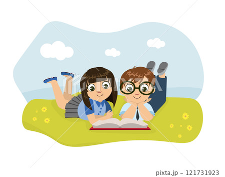 Cute Boy and Girl Lying on Lawn and Reading Book Vector Illustration 121731923
