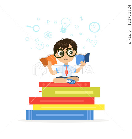 Cute Little Boy Sitting and Reading on Giant Stack of Books Vector Illustration 121731924