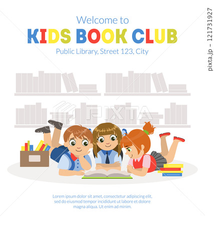 Kids Book Club Banner Template with Place for Text, Cute Little Boys and Girls Reading Books Together Vector Illustration Kids Book Club Banner Template with Place for Text, Cute Little Boys and Girls Reading Books Together Vector Illustration 121731927