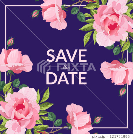 Save the Date, Wedding Invitation Card Template with Elegant Pink Peony Flowers Vector Illustration 121731996