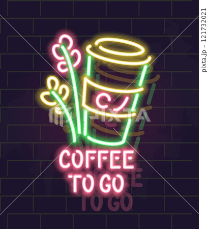 Neon coffee to go. Isolated illustration on brick wall background Neon coffee to go. Isolated illustration on brick wall background 121732021