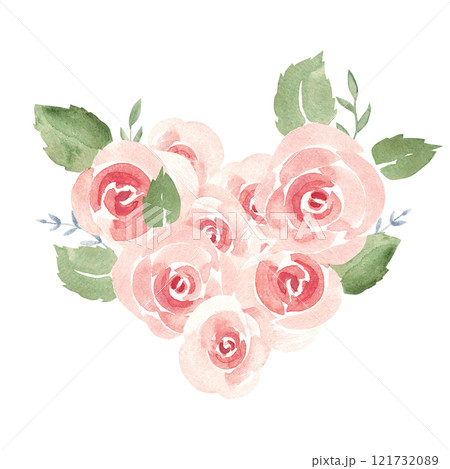Pink Roses Heart shaped composition. For Valentine's day or Wedding designs. Simple minimalistic Watercolor painting. Hand drawn Bouquet isolated on a white background. Floral design element for cards Pink Roses Heart shaped composition. For Valentine's day or Wedding designs. Simple minimalistic Watercolor painting. Hand drawn Bouquet isolated on a white background. Floral design element for cards 121732089