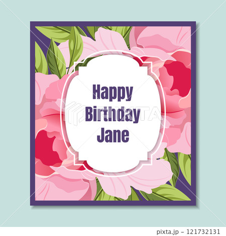 Happy Birthday Holiday Card Template with Elegant Pink Peony Flowers, Frame with Space for Text Vector Illustration Happy Birthday Holiday Card Template with Elegant Pink Peony Flowers, Frame with Space for Text Vector Illustration 121732131