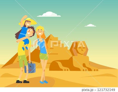Happy Family Traveling and Sightseeing in Egypt, Smiling Mother, Father and Daughter Posing Near Egyptian Pyramid Vector Illustration Happy Family Traveling and Sightseeing in Egypt, Smiling Mother, Father and Daughter Posing Near Egyptian Pyramid Vector Illustration 121732149