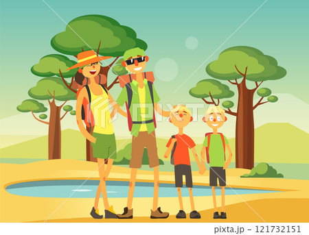 Happy Family Traveling and Sightseeing, Smiling Mother, Father and Their Two Sons Posing on Savannah Background Vector Illustration Happy Family Traveling and Sightseeing, Smiling Mother, Father and Their Two Sons Posing on Savannah Background Vector Illustration 121732151