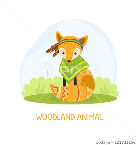Woodland Animal Banner Template with Cute Ethnic Fox Animal Vector Illustration 121732156