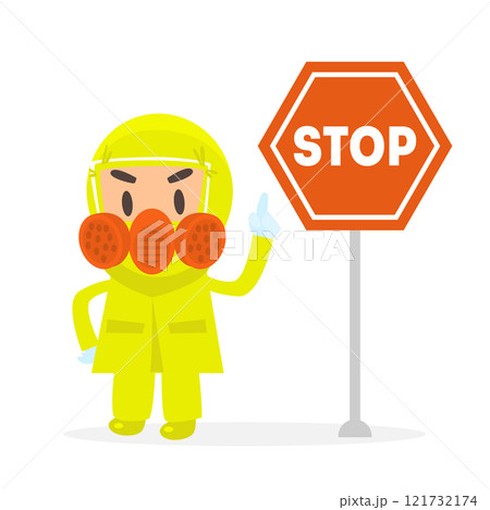 Man in Yellow Protective Costume and Gas Mask Standing with Red Stop Sign Vector Illustration Man in Yellow Protective Costume and Gas Mask Standing with Red Stop Sign Vector Illustration 121732174