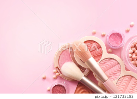 Varieties of blushes, blushers and rouges, beauty decorative cosmetics with brushes, selective focus 121732182