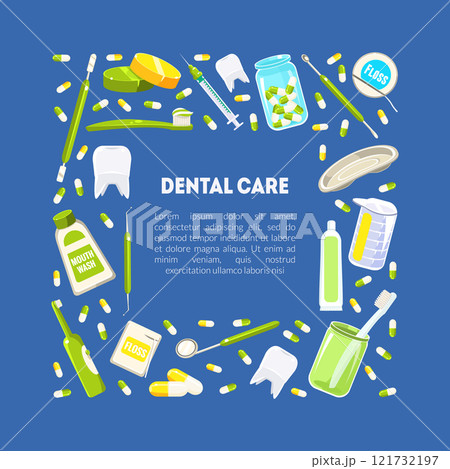 Dental Service Banner Template, Dentistry tools and Hygiene Frame with Place for Text Vector Illustration 121732197
