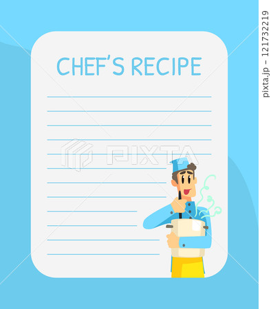 Blank Recipe Card Template with Cheerful Chef, Cookbook Page Vector Illustration Blank Recipe Card Template with Cheerful Chef, Cookbook Page Vector Illustration 121732219