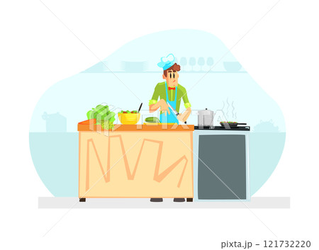 Cheerful Chef Cooking Vegetables in Kitchen Vector Illustration Cheerful Chef Cooking Vegetables in Kitchen Vector Illustration 121732220