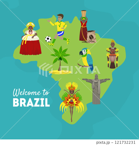 Travel to Brazil, Map of Brazil with Cultural Symbols. Design Element Can be Used as Tourist Poster, Leaflet Vector Illustration Travel to Brazil, Map of Brazil with Cultural Symbols. Design Element Can be Used as Tourist Poster, Leaflet Vector Illustration 121732231