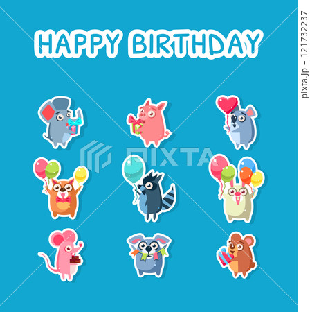 Happy Birthday Set, Cute Funny Animals Stickers with Balloons and Gift Boxes, Mouse, Pig, Cat, Raccoon, Rabbit, Balloon, Party, Bear, Elephant Vector Illustration 121732237