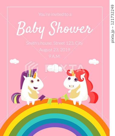 Baby Shower Invitation Template, Cute Card with with Lovely Unicorn, Rainbow and Place For Text Vector Illustration 121732249