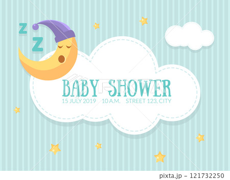 Baby Shower Invitation Template, Cute Card with Sleeping Moon, Cloud and Place For Text Vector Illustration 121732250